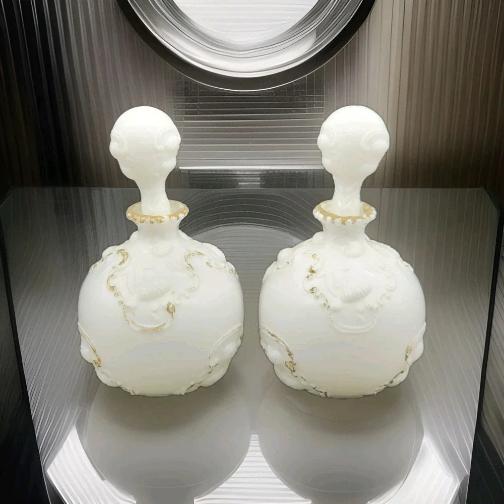 Set Of 2 Antique Milk Glass Vanity Bottles With Stoppers Gold Trim